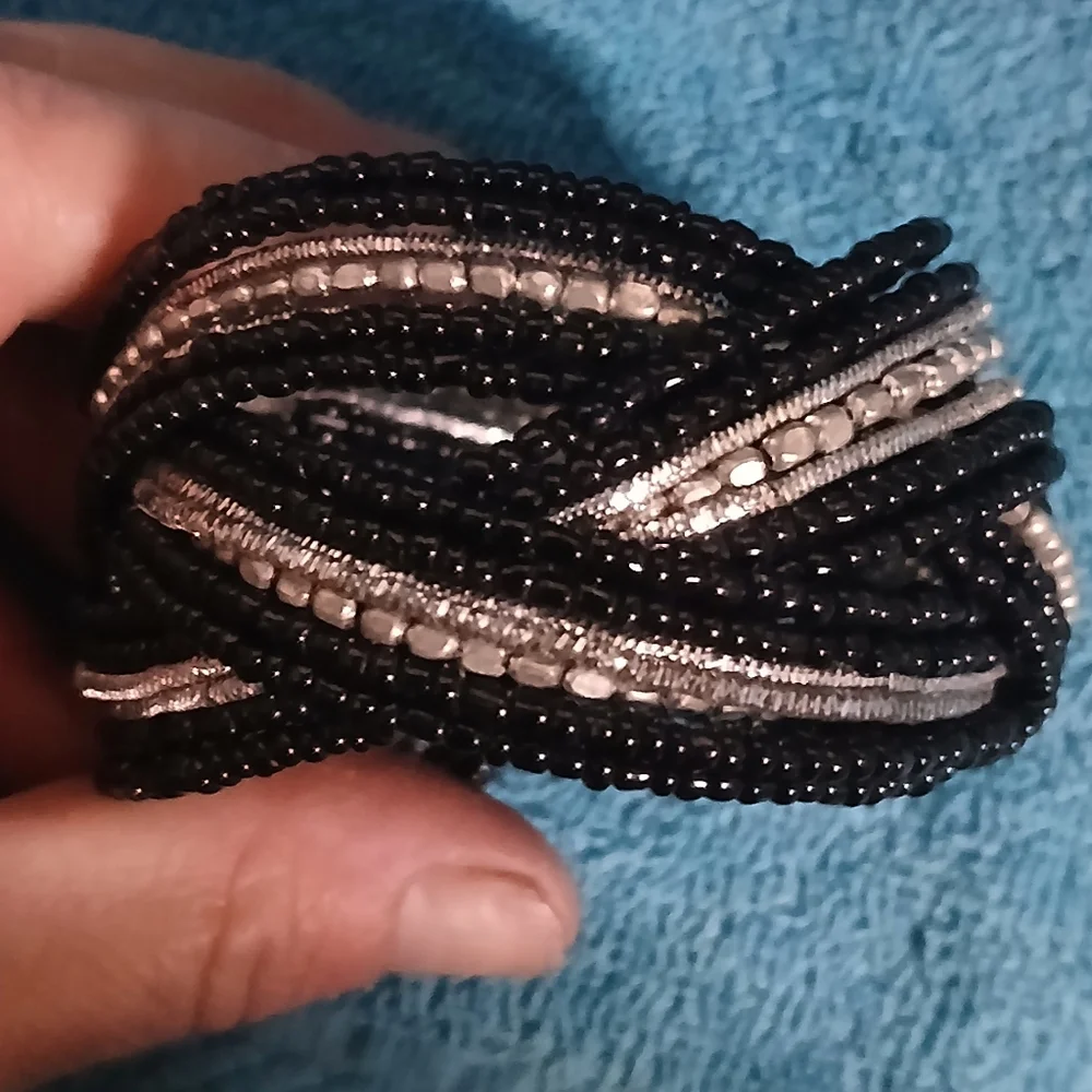Black and Silver Beaded Bracelet Cuff